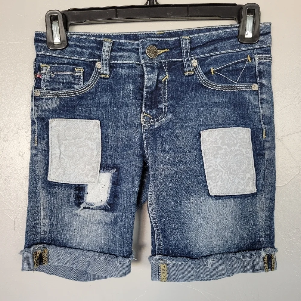 Vigoss The Jagger Bermuda Shorts Girl Sz 10 Medium Wash Patchwork Grey Floral